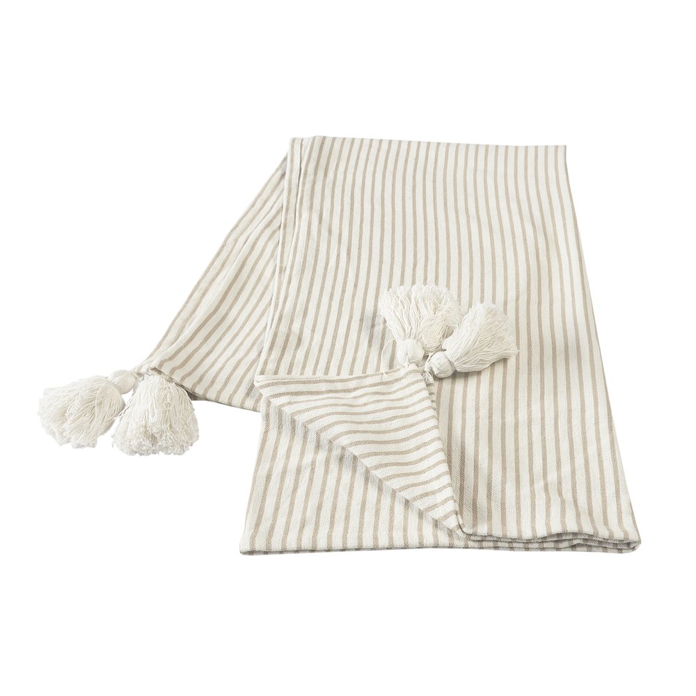 Tan/White Striped All-Natural Cotton Throw Blanket. Picture 1