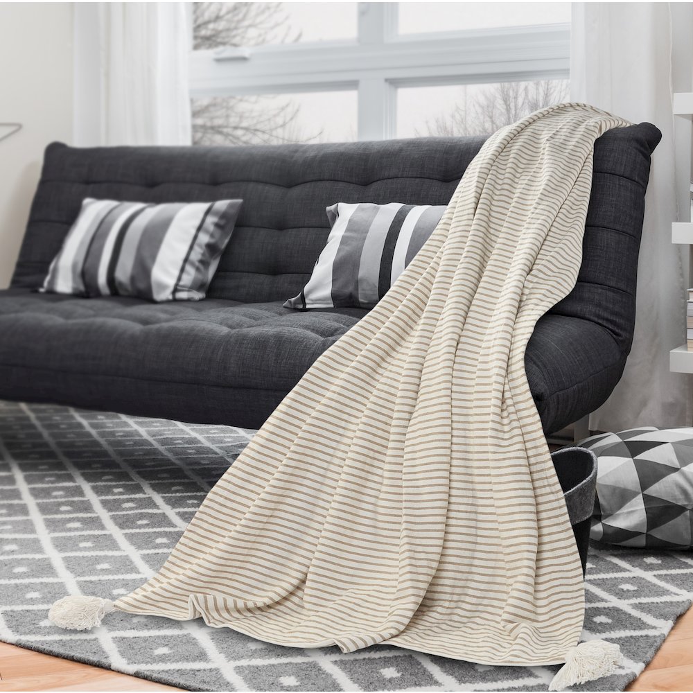Tan/White Striped All-Natural Cotton Throw Blanket. Picture 5