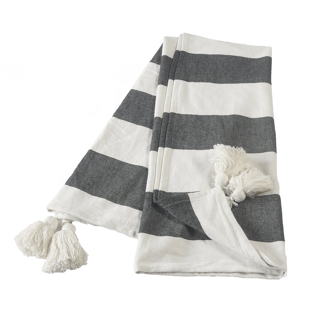 Charcoal/White Striped All-Natural Cotton Throw Blanket. Picture 1