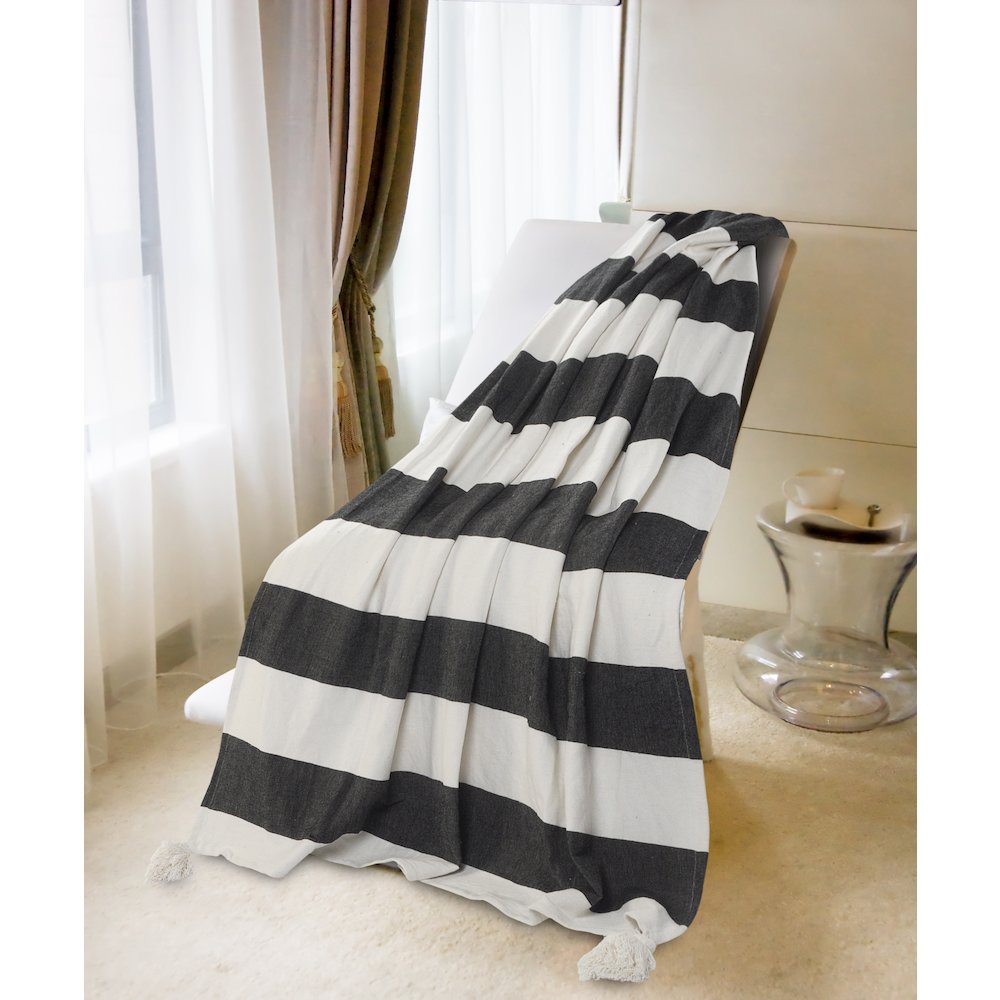 Charcoal/White Striped All-Natural Cotton Throw Blanket. Picture 5