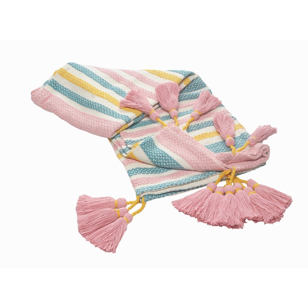 Blue/Pink Striped All-Natural Cotton Throw Blanket. Picture 1