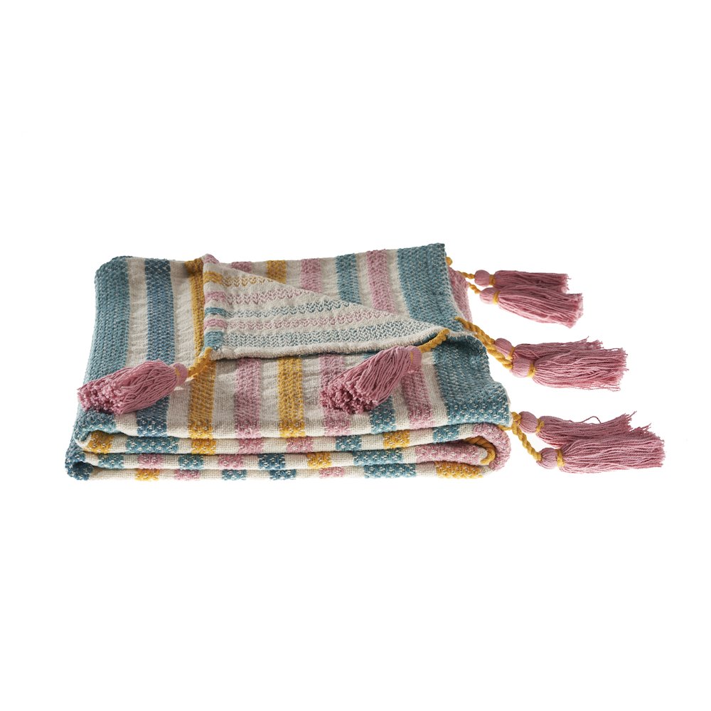 Blue/Pink Striped All-Natural Cotton Throw Blanket. Picture 5