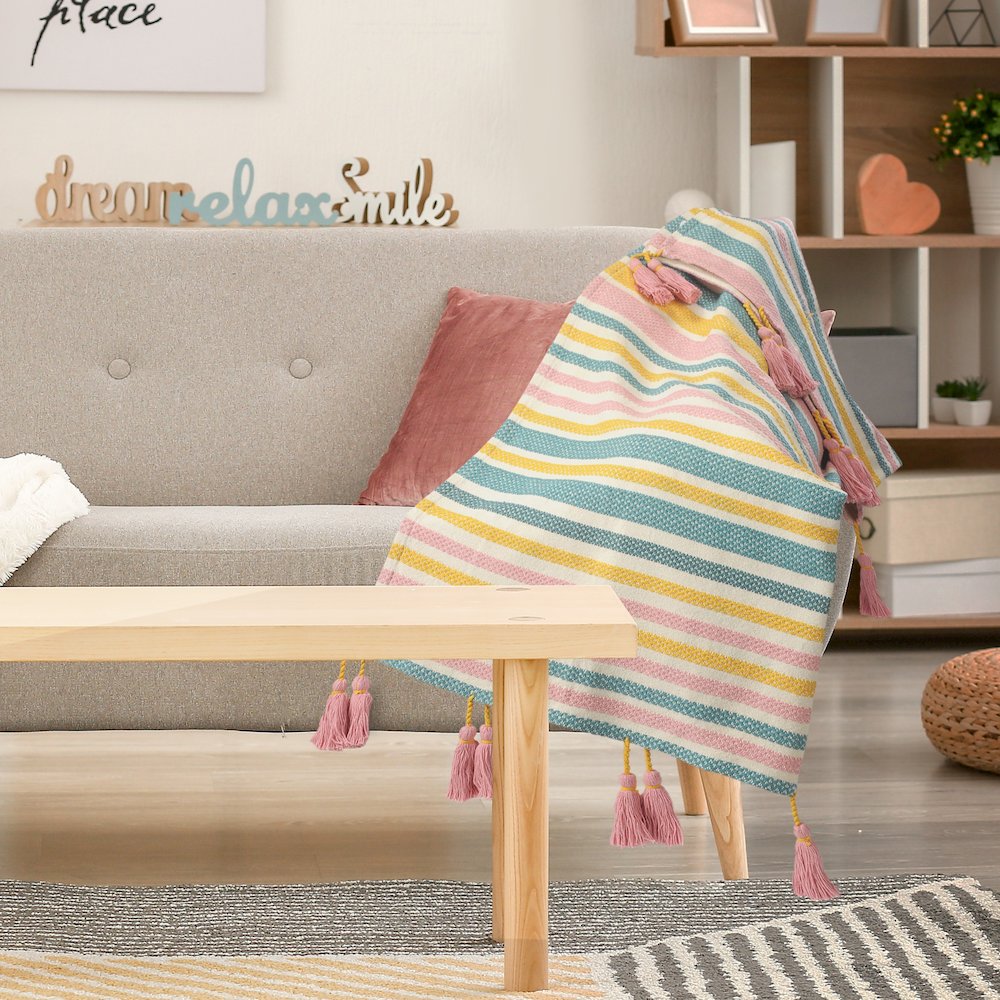 Blue/Pink Striped All-Natural Cotton Throw Blanket. Picture 6