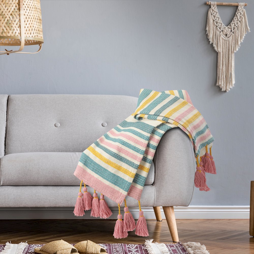 Blue/Pink Striped All-Natural Cotton Throw Blanket. Picture 7