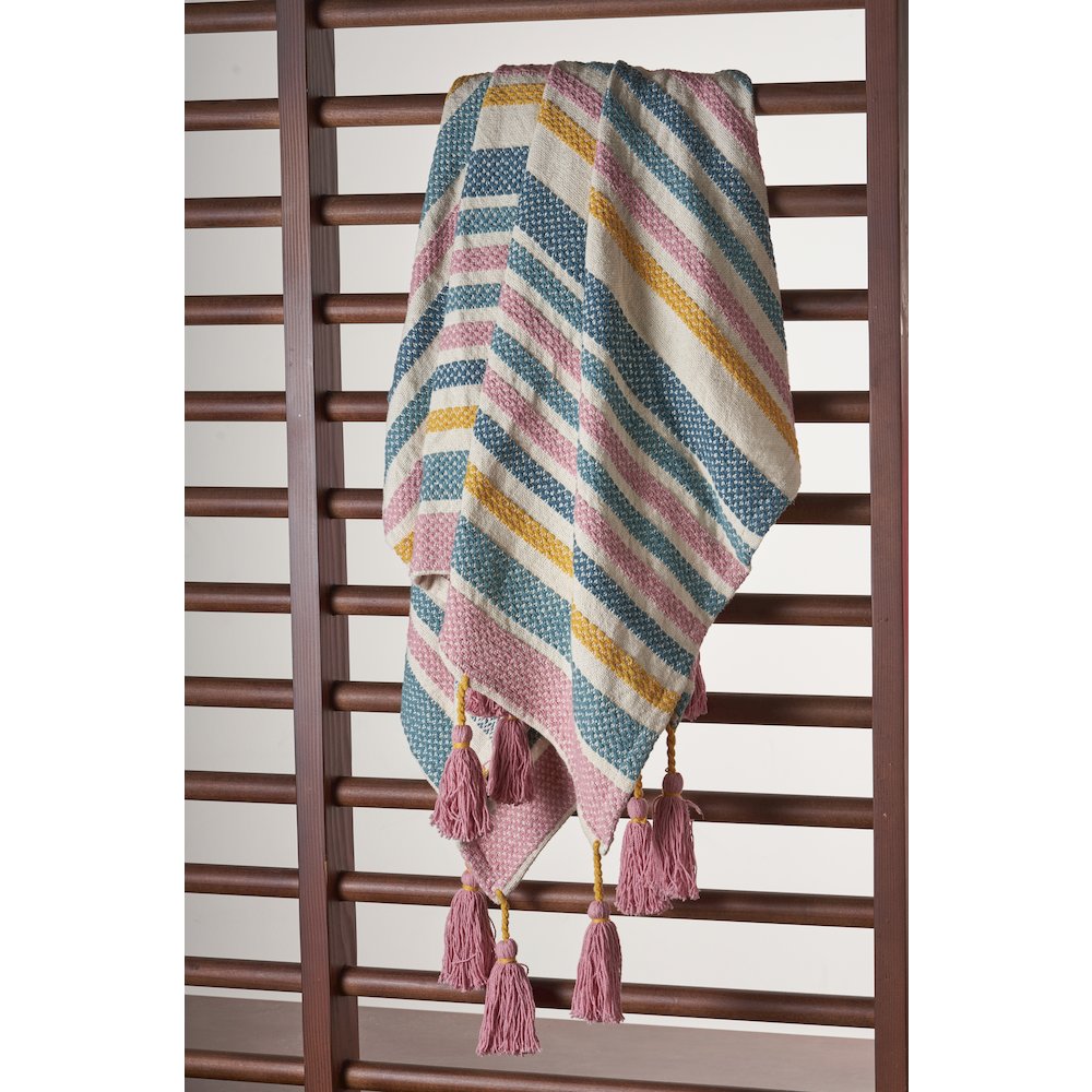 Blue/Pink Striped All-Natural Cotton Throw Blanket. Picture 8