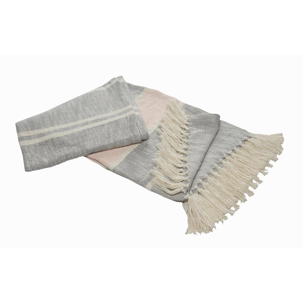 Grey/Pink Striped All-Natural Cotton Throw Blanket. Picture 1