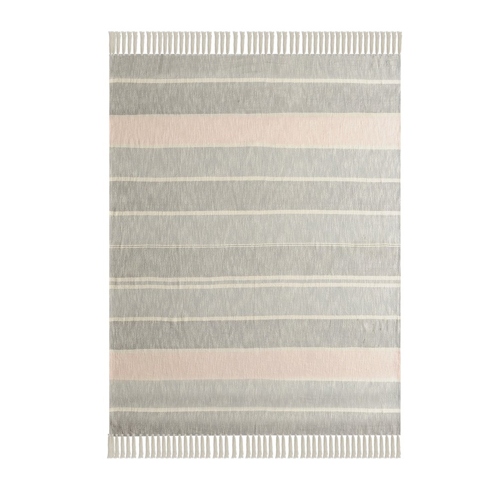 Grey/Pink Striped All-Natural Cotton Throw Blanket. Picture 2