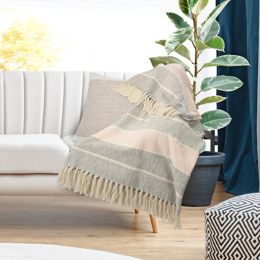 Grey/Pink Striped All-Natural Cotton Throw Blanket. Picture 5