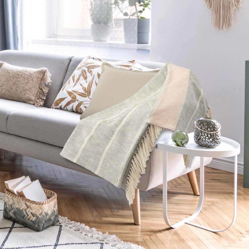 Grey/Pink Striped All-Natural Cotton Throw Blanket. Picture 6