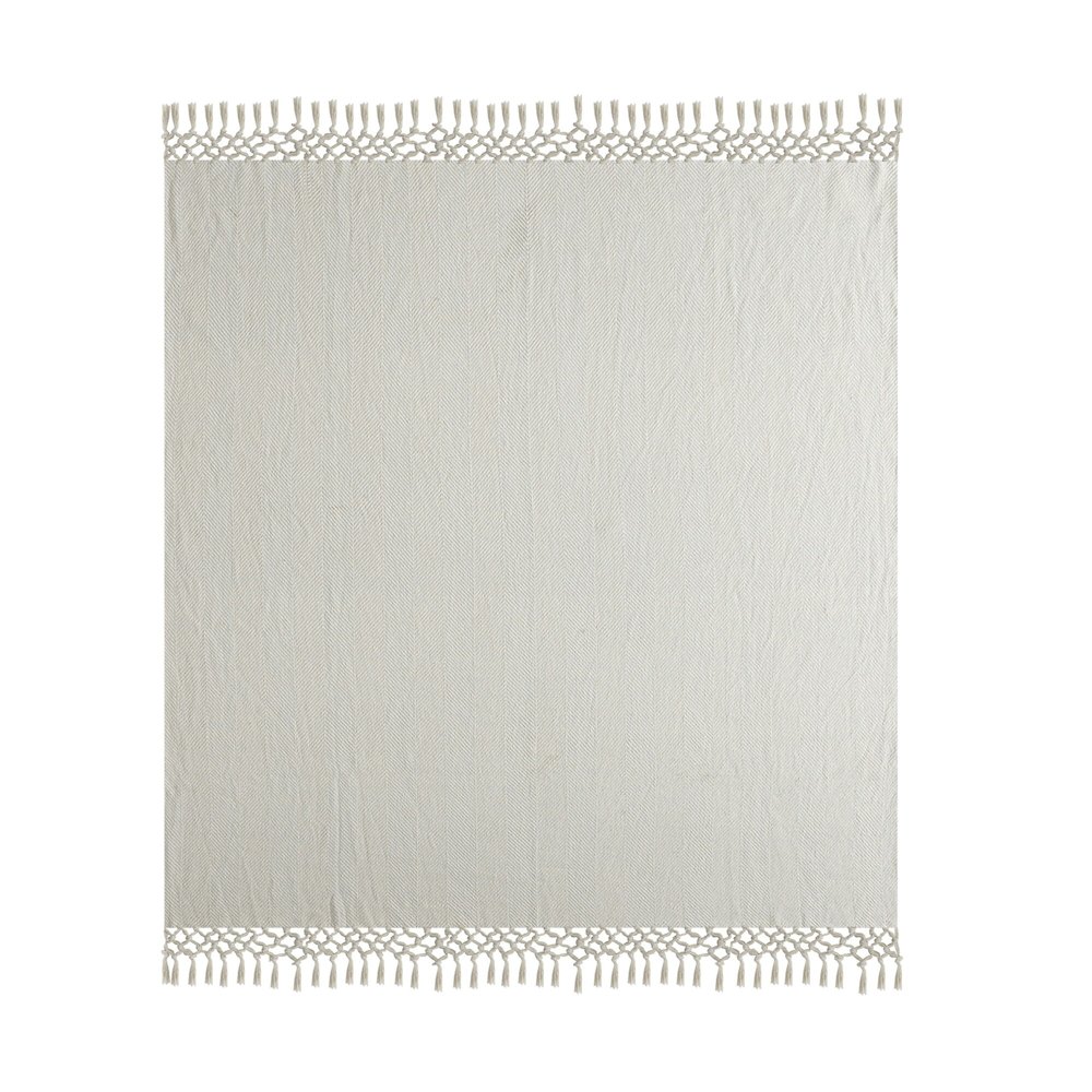 Grey/Cream Herringbone All-Natural Cotton Throw Blanket. Picture 1