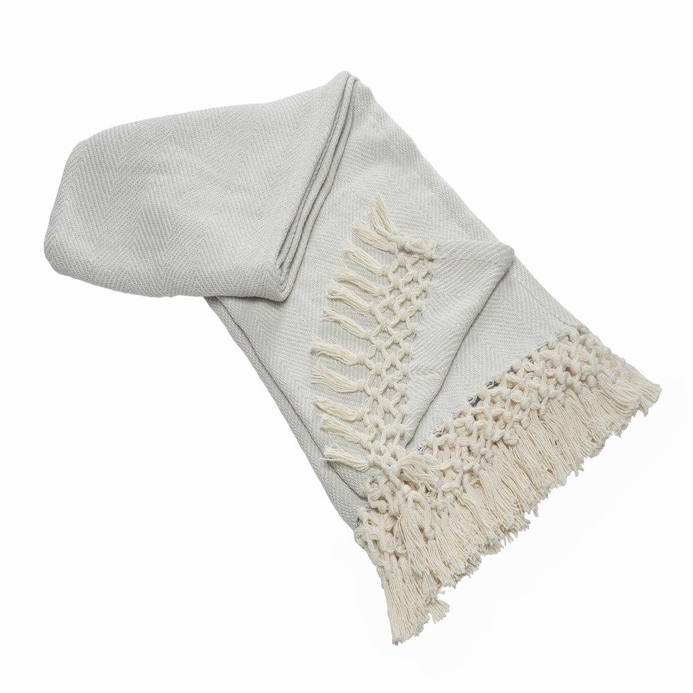 Grey/Cream Herringbone All-Natural Cotton Throw Blanket. Picture 3