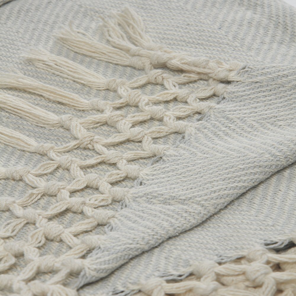 Grey/Cream Herringbone All-Natural Cotton Throw Blanket. Picture 5