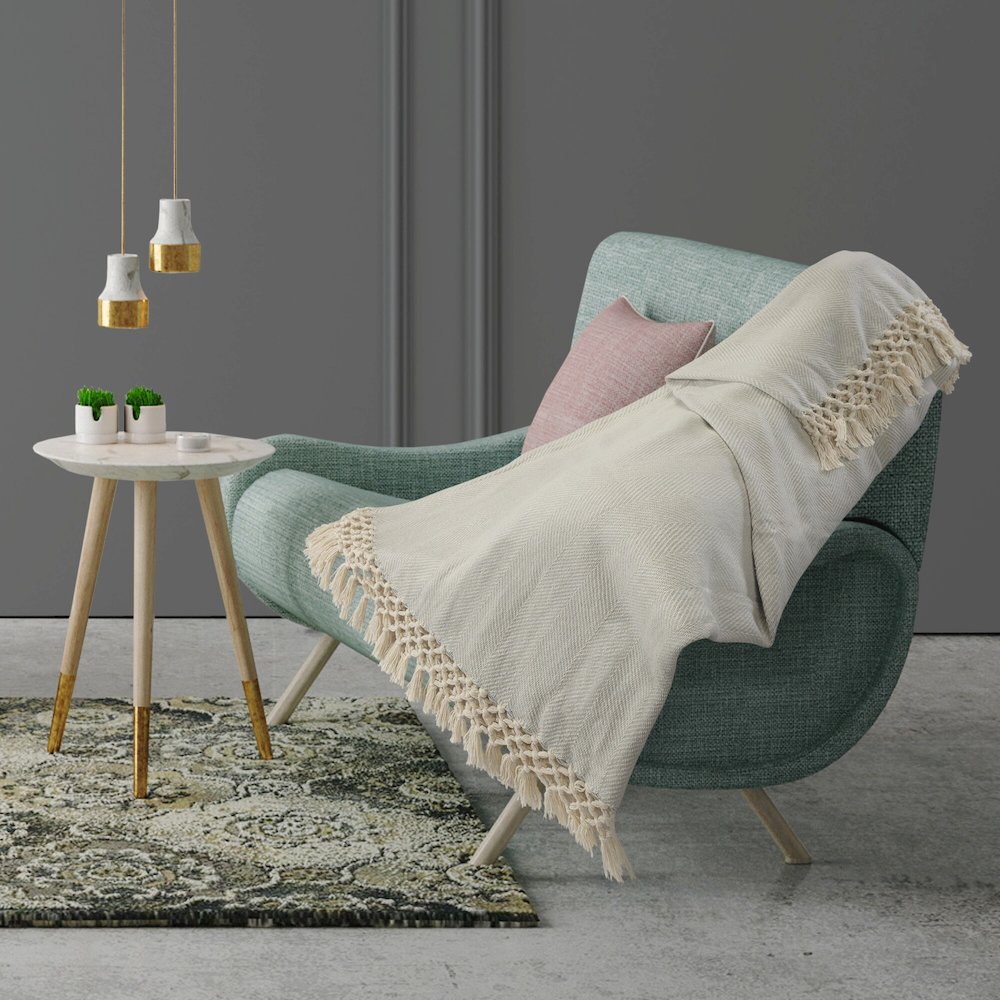Grey/Cream Herringbone All-Natural Cotton Throw Blanket. Picture 2