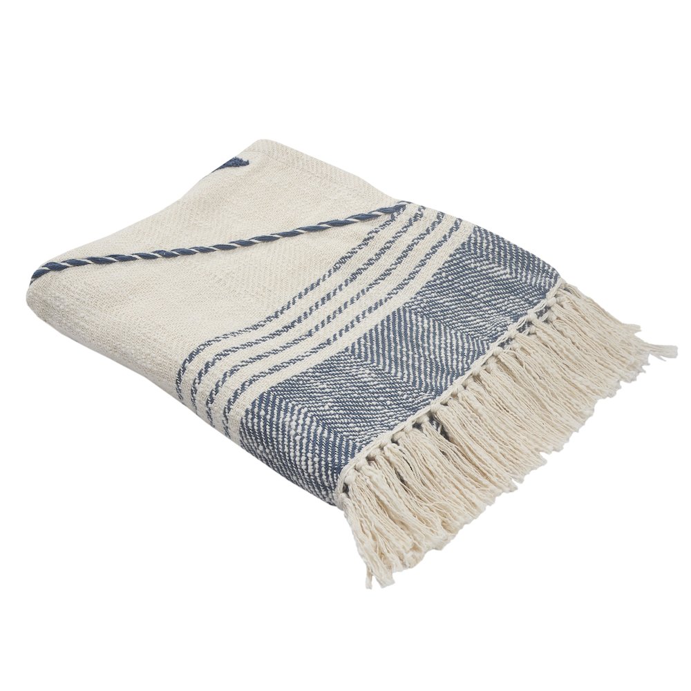 Blue/Cream Diamond All-Natural Cotton Throw Blanket. Picture 1
