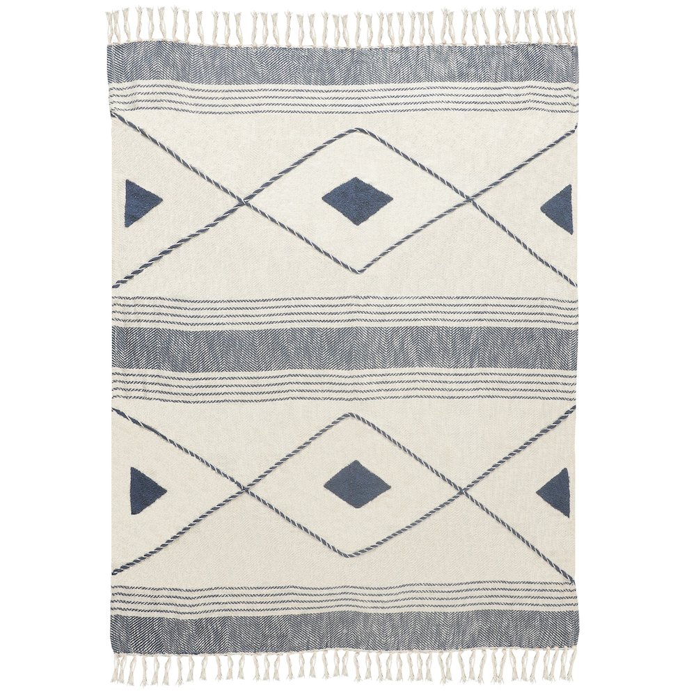 Blue/Cream Diamond All-Natural Cotton Throw Blanket. Picture 2