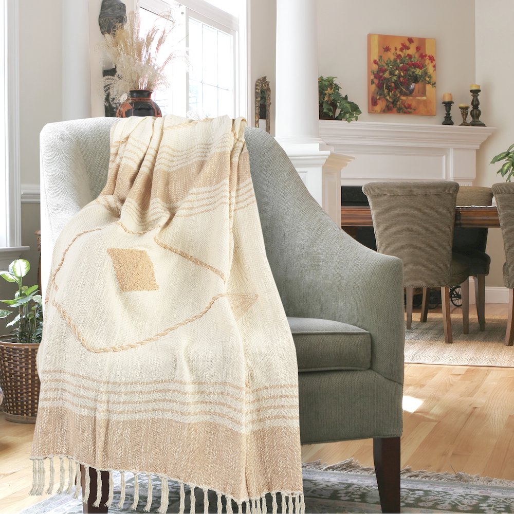 Beige/Cream Diamond All-Natural Cotton Throw Blanket. Picture 9