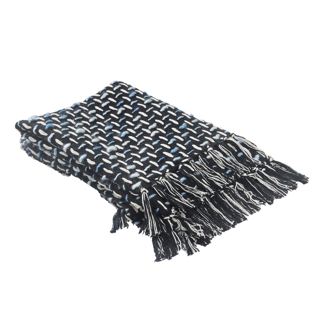 Black/Blue Geometric All-Natural Cotton Throw Blanket. Picture 1