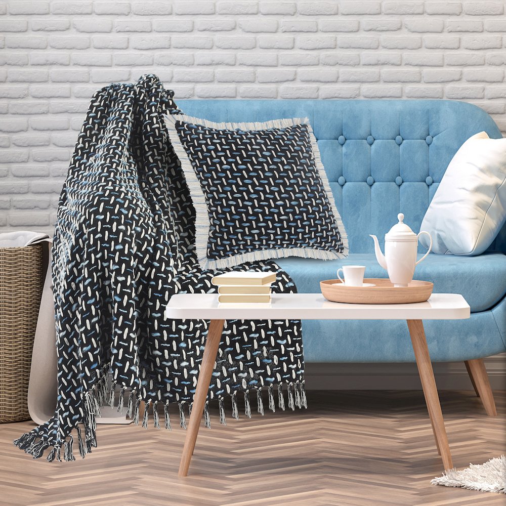 Black/Blue Geometric All-Natural Cotton Throw Blanket. Picture 9