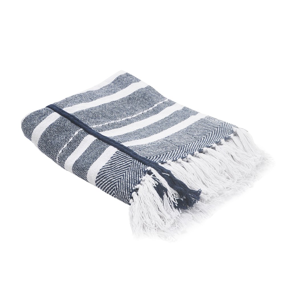 Navy/White Striped All-Natural Cotton Throw Blanket. Picture 1