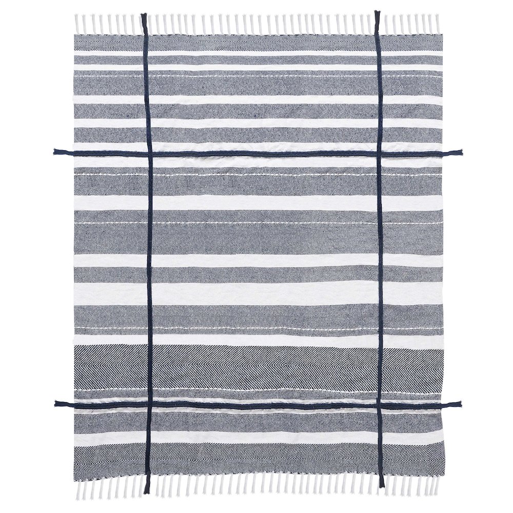 Navy/White Striped All-Natural Cotton Throw Blanket. Picture 2
