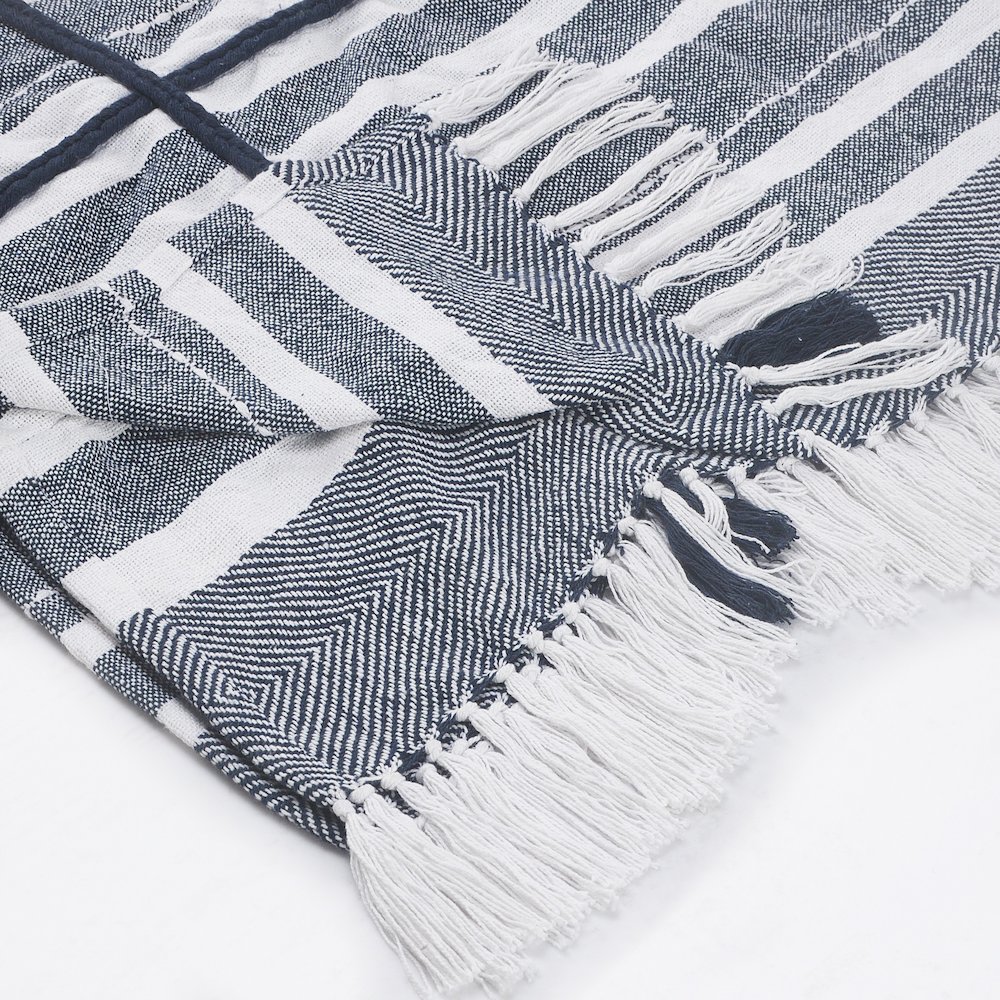 Navy/White Striped All-Natural Cotton Throw Blanket. Picture 3