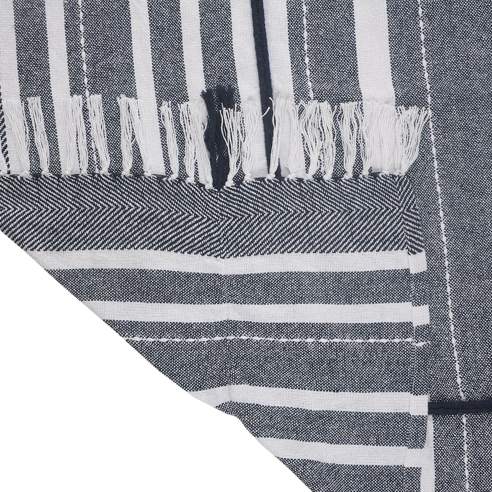 Navy/White Striped All-Natural Cotton Throw Blanket. Picture 4