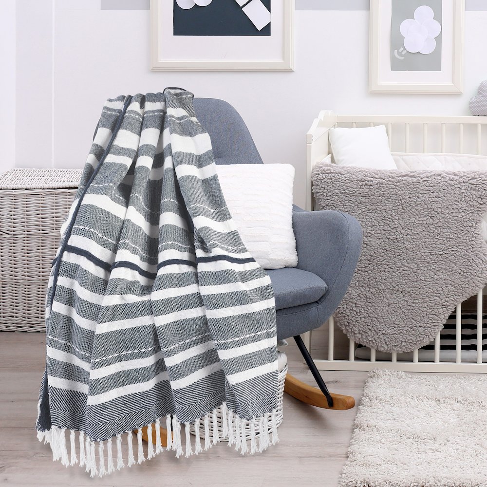 Navy/White Striped All-Natural Cotton Throw Blanket. Picture 7
