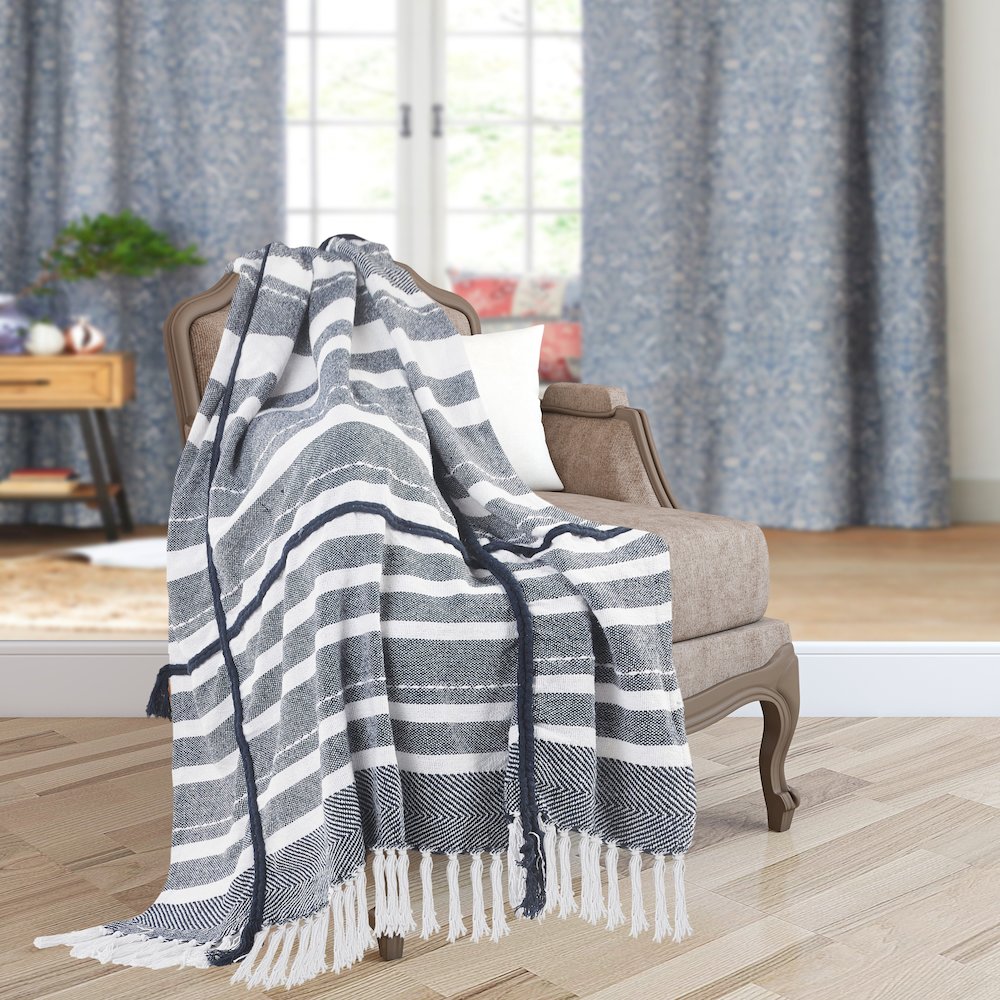 Navy/White Striped All-Natural Cotton Throw Blanket. Picture 8