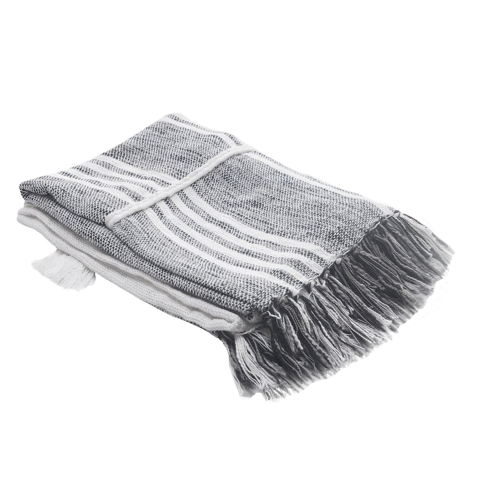 Grey/White Striped All-Natural Cotton Throw Blanket. Picture 1
