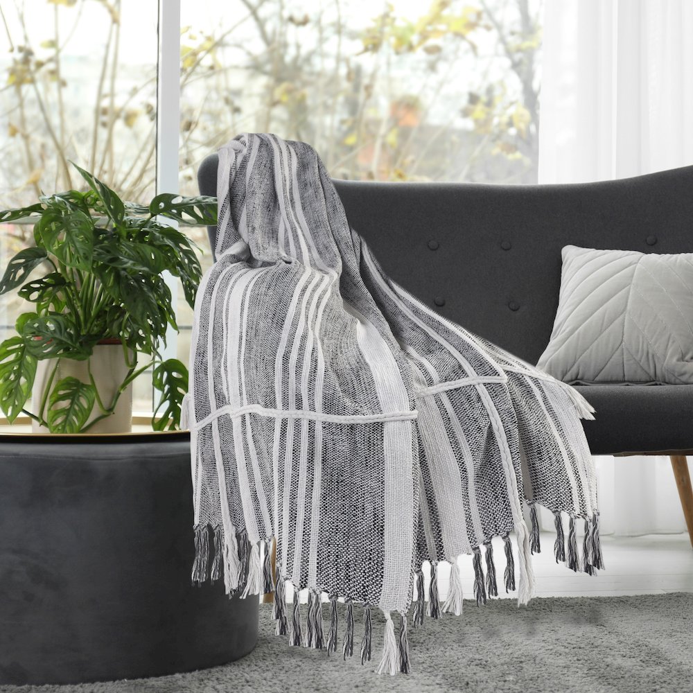Grey/White Striped All-Natural Cotton Throw Blanket. Picture 7