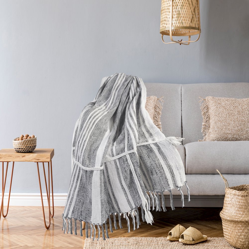 Grey/White Striped All-Natural Cotton Throw Blanket. Picture 8