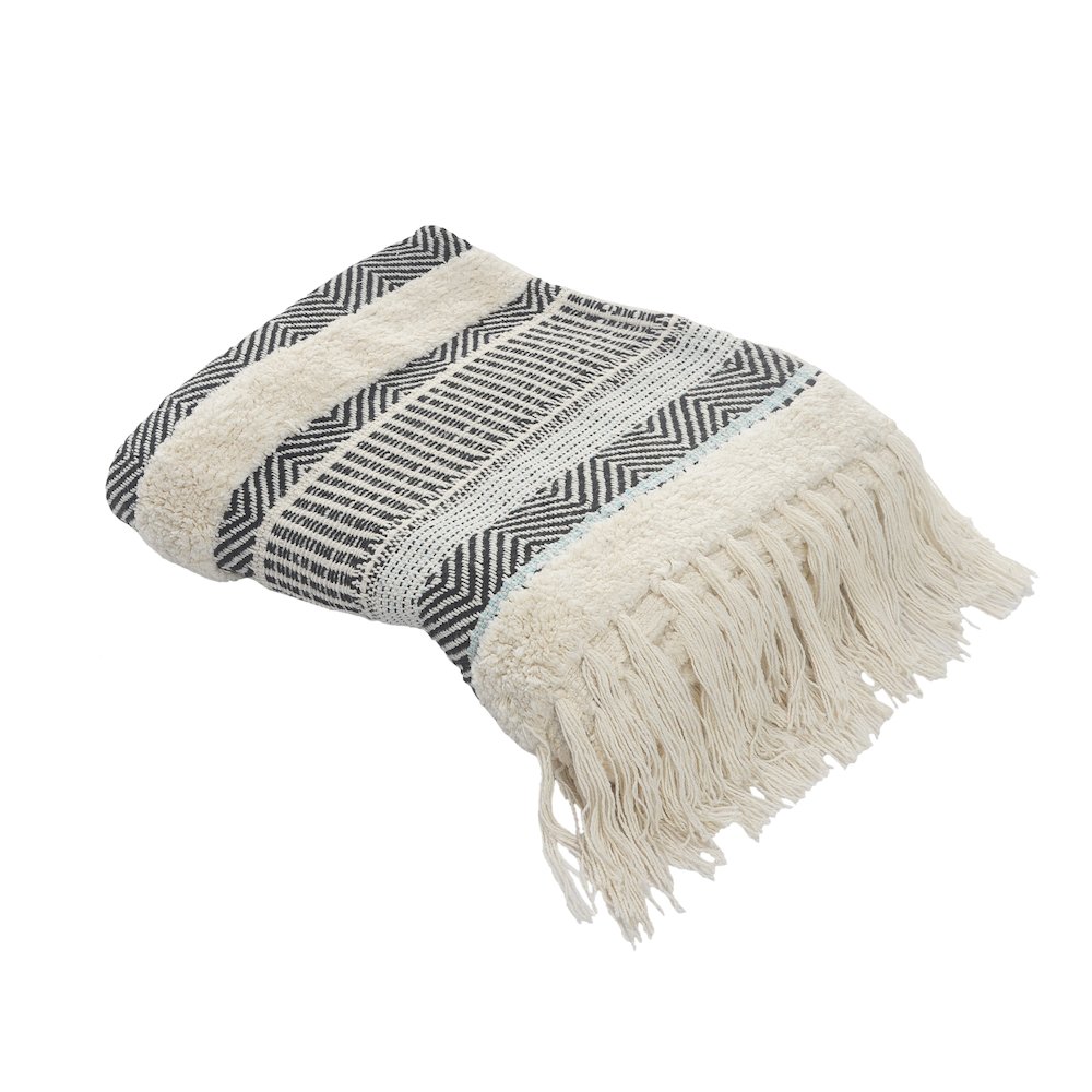 Cream/Blue Herringbone All-Natural Cotton Throw Blanket. Picture 1