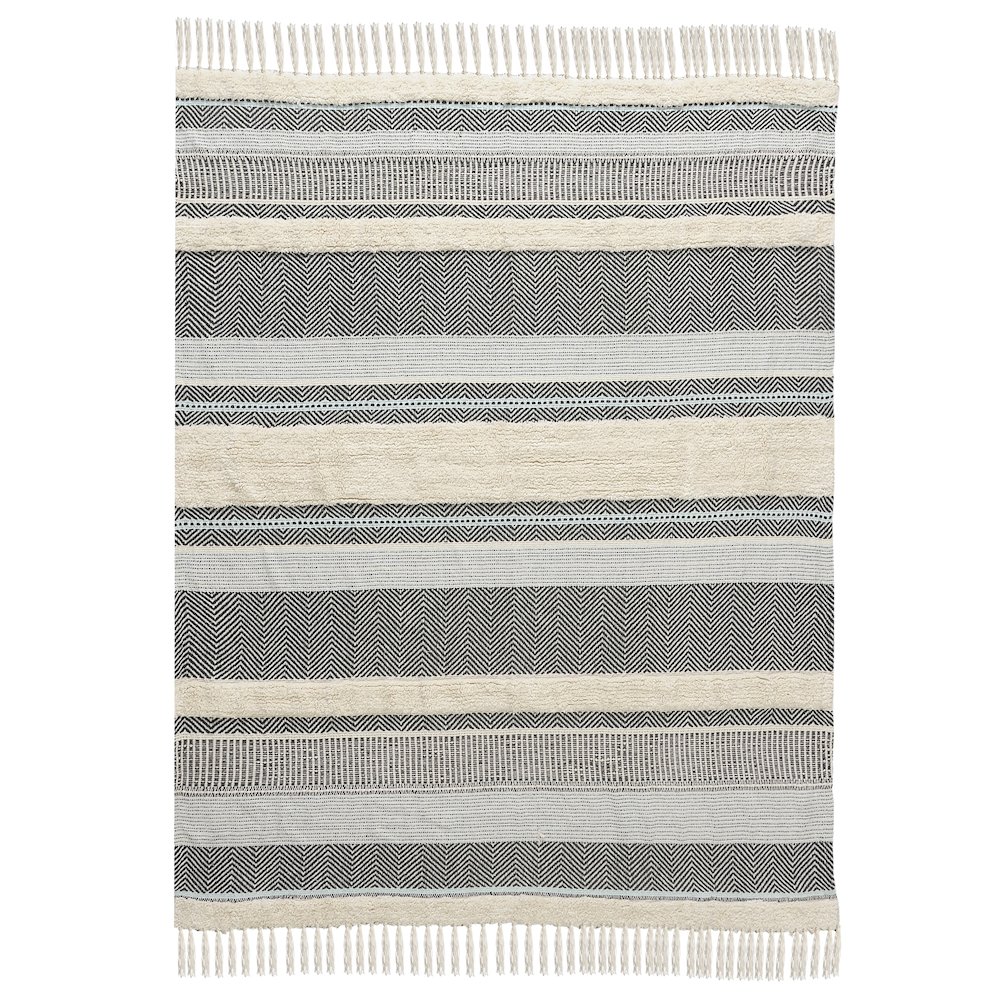 Cream/Blue Herringbone All-Natural Cotton Throw Blanket. Picture 2