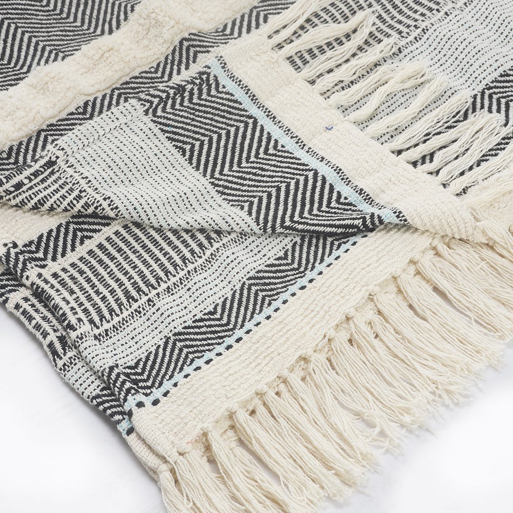 Cream/Blue Herringbone All-Natural Cotton Throw Blanket. Picture 3
