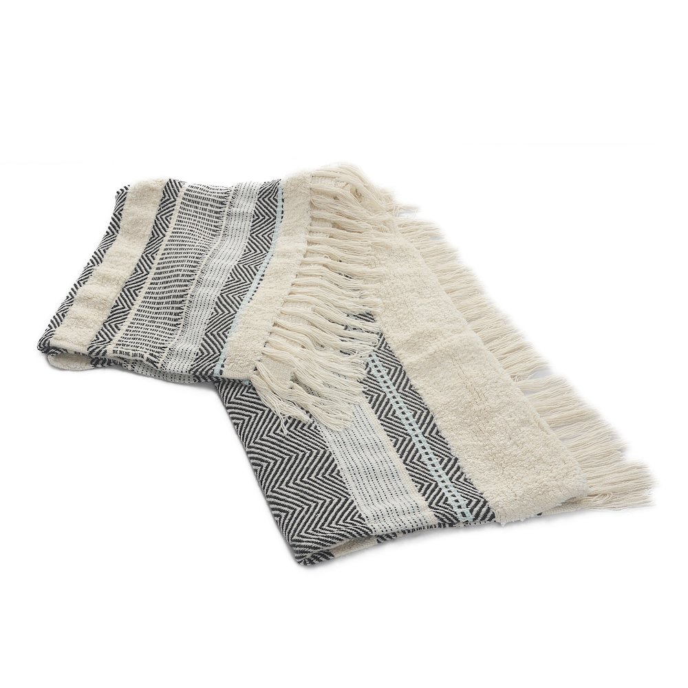 Cream/Blue Herringbone All-Natural Cotton Throw Blanket. Picture 5