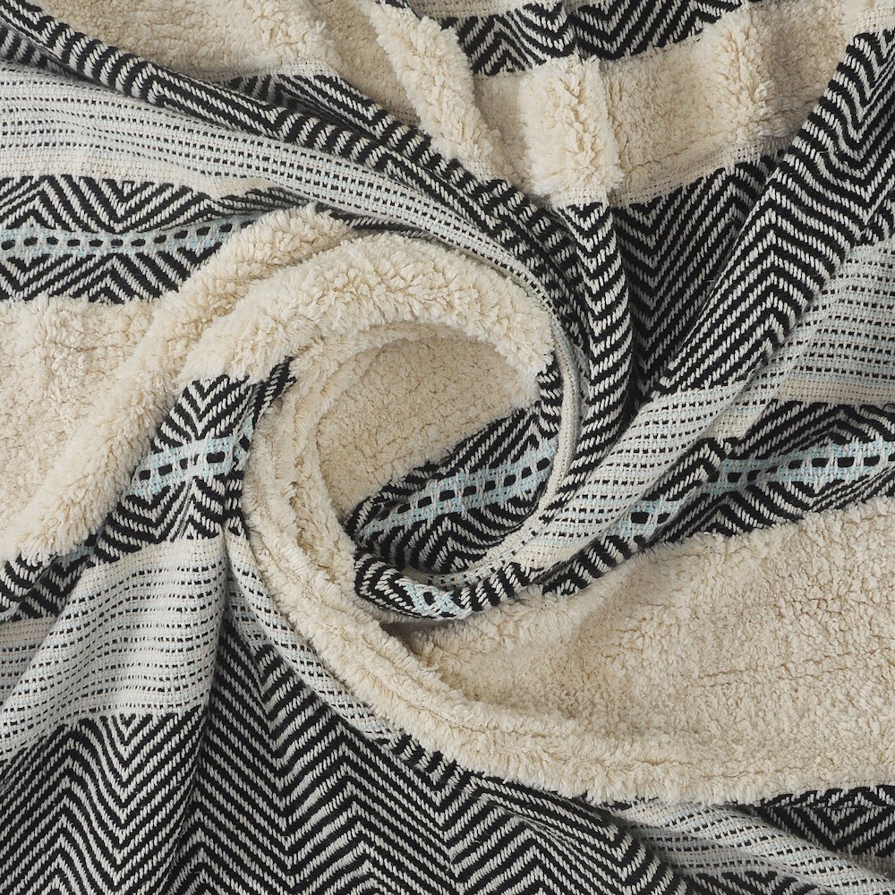Cream/Blue Herringbone All-Natural Cotton Throw Blanket. Picture 6