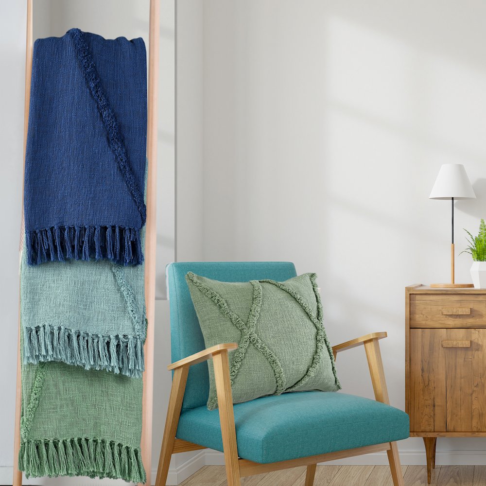 Evette Rios Diamond Tufted All-Natural Cotton Throw Blanket, Blue. Picture 7