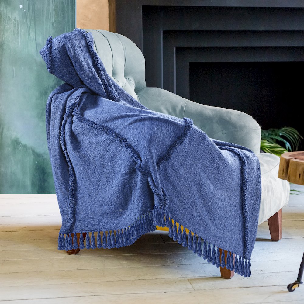 Evette Rios Diamond Tufted All-Natural Cotton Throw Blanket, Navy Blue. Picture 6