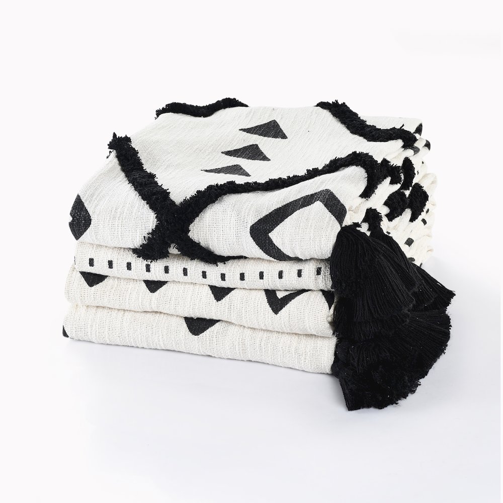 Avant-Garde Black/White Striped Hand-Woven All-Natural Cotton Throw Blanket. Picture 6