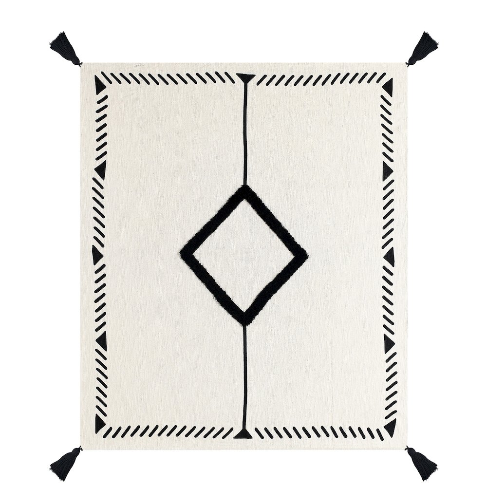 Black/White Diamond Hand-Woven All-Natural Cotton Throw Blanket. Picture 3