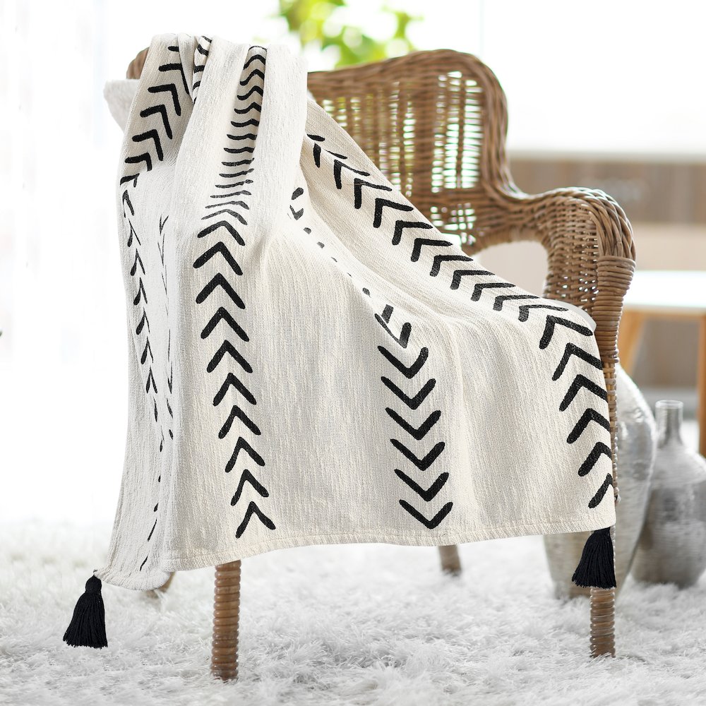 Avant-Garde Black/White Chevron/Stripe Hand-Woven Natural Cotton Throw Blanket. Picture 8