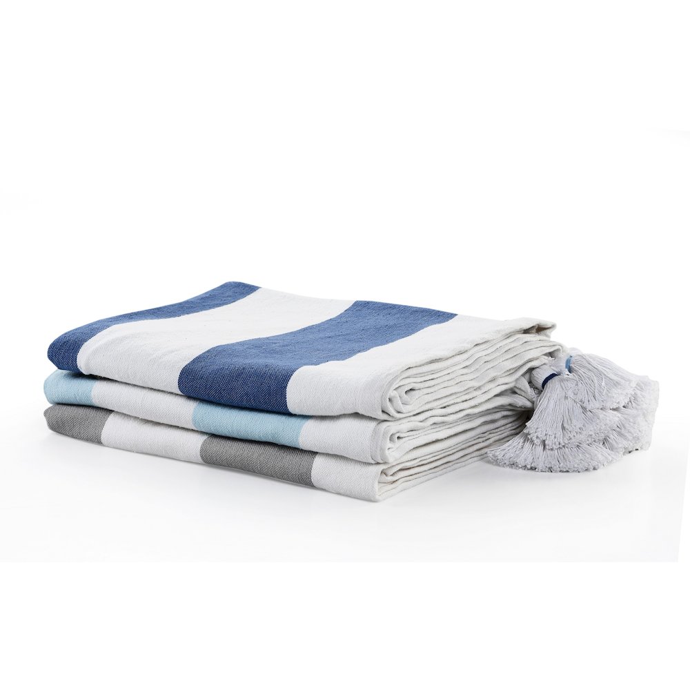 Corydalis Blue/White Striped Hand-Woven All-Natural Cotton Throw Blanket. Picture 6
