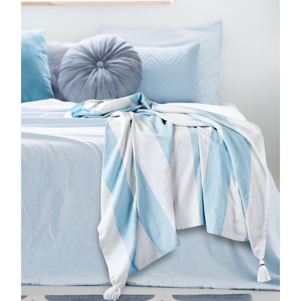Corydalis Blue/White Striped Hand-Woven All-Natural Cotton Throw Blanket. Picture 7