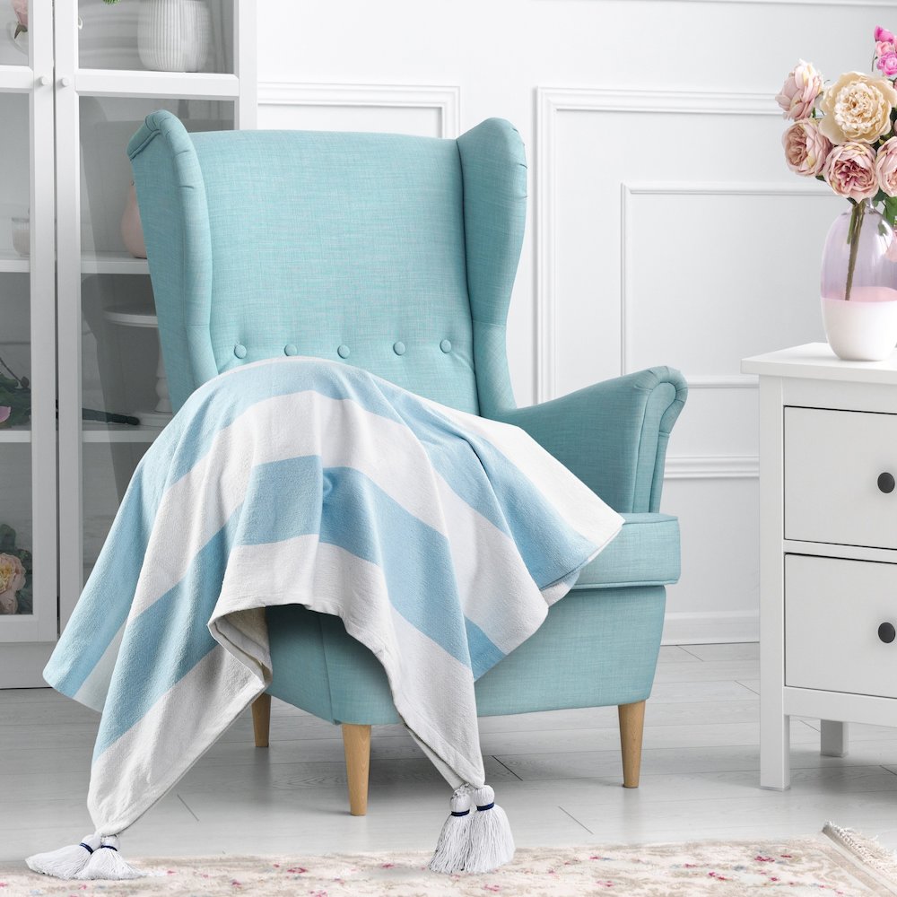 Corydalis Blue/White Striped Hand-Woven All-Natural Cotton Throw Blanket. Picture 9