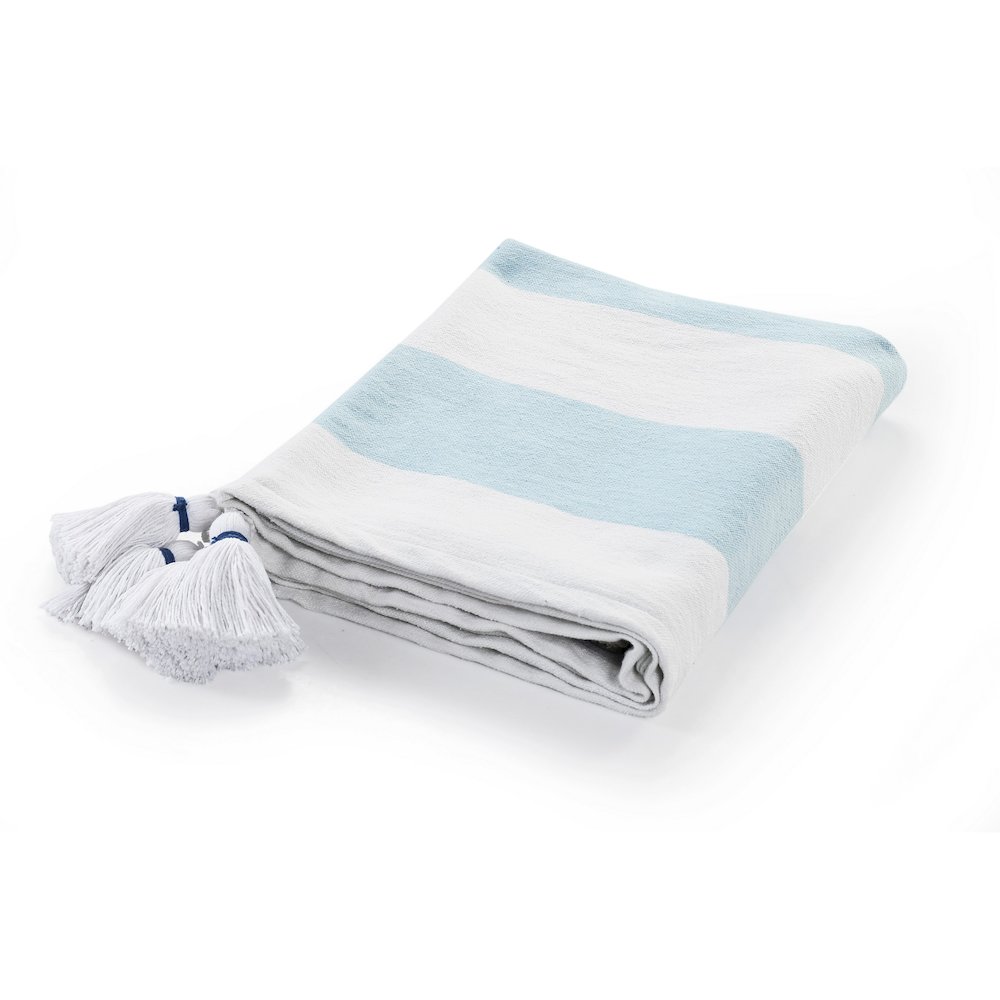 Corydalis Blue/White Striped Hand-Woven All-Natural Cotton Throw Blanket. Picture 1