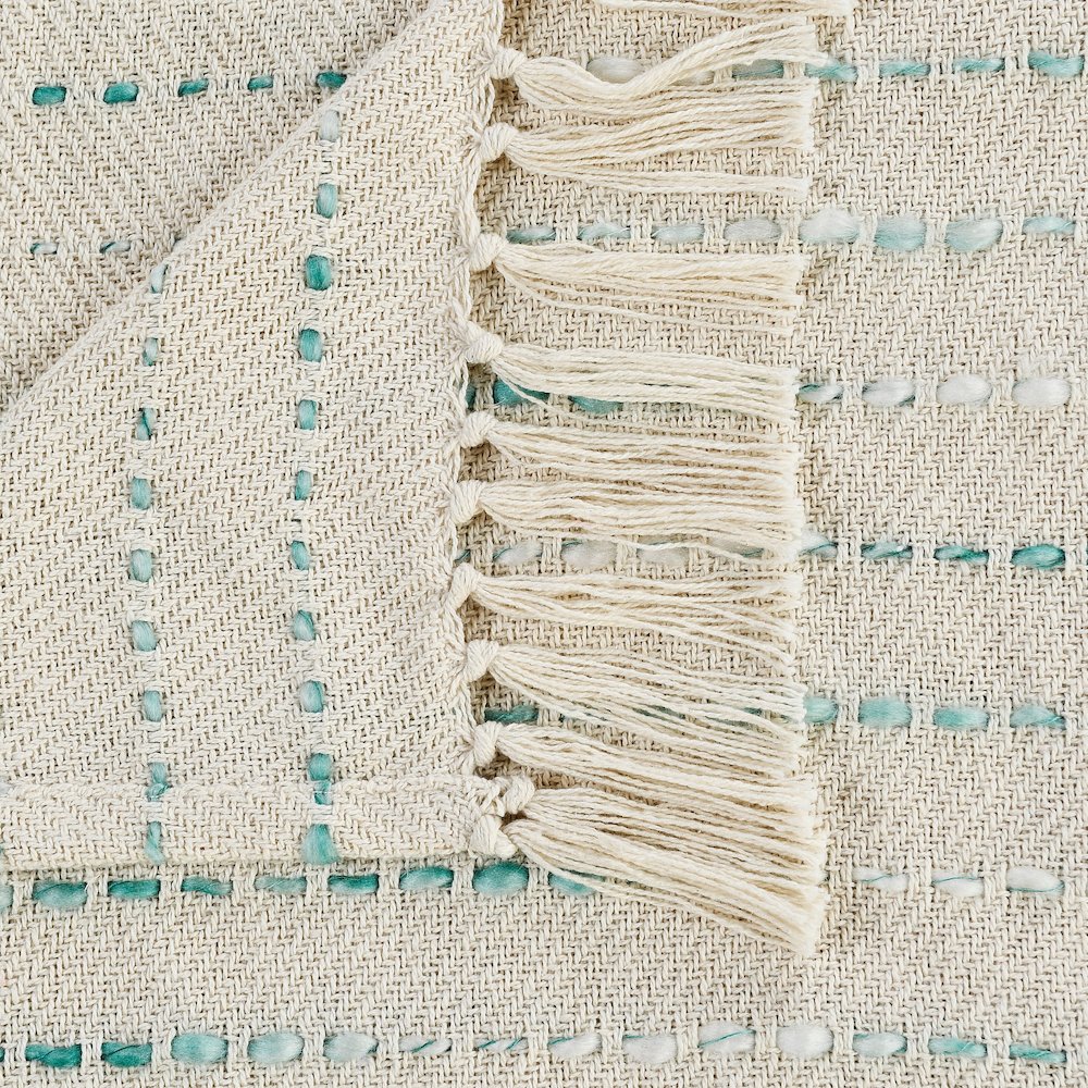 Cream/Turquoise Striped Hand-Woven Cotton Blend Throw Blanket. Picture 2