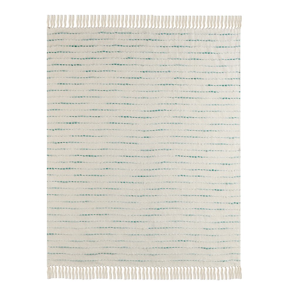 Cream/Turquoise Striped Hand-Woven Cotton Blend Throw Blanket. Picture 3