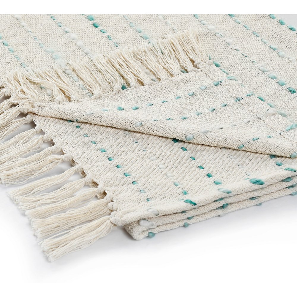 Cream/Turquoise Striped Hand-Woven Cotton Blend Throw Blanket. Picture 4