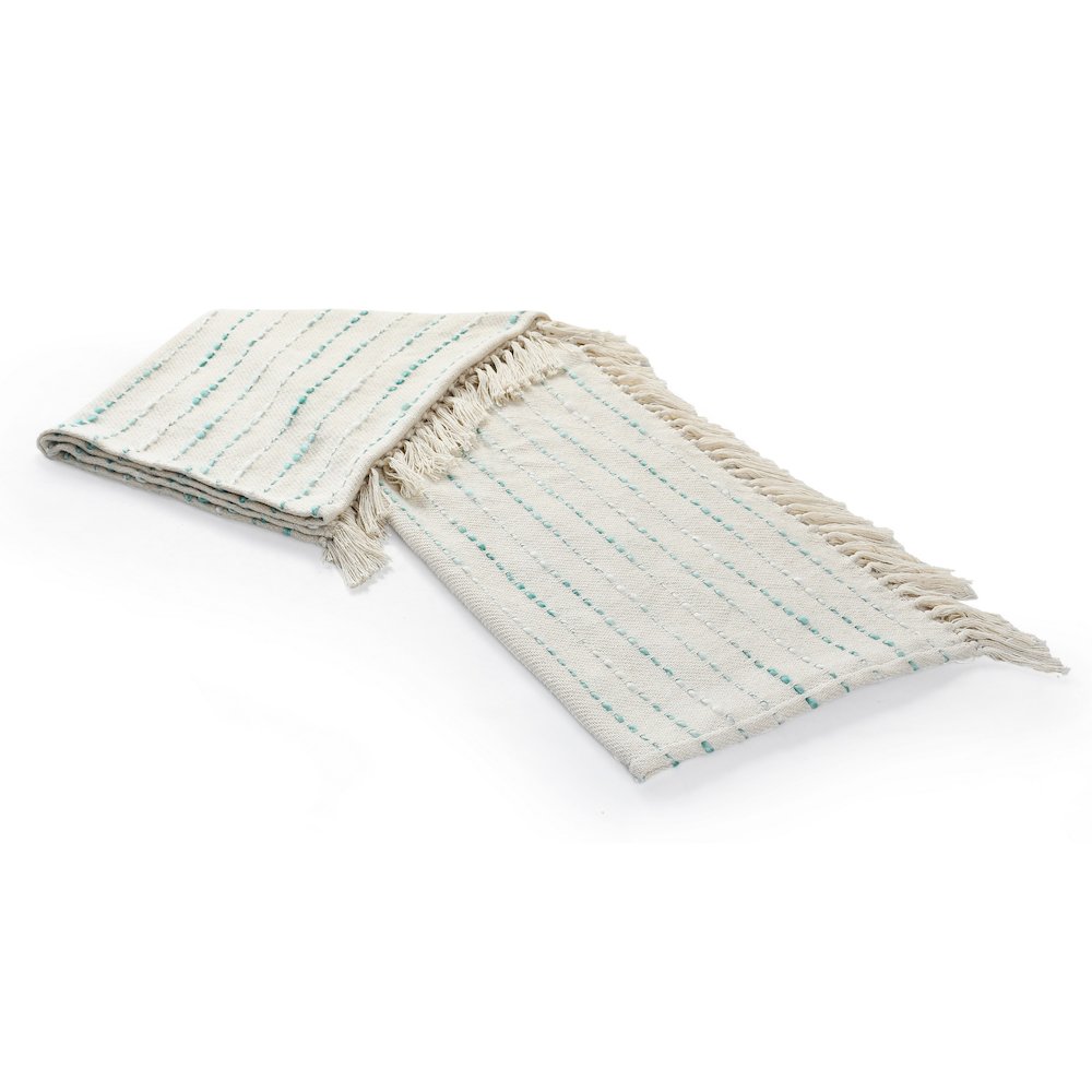 Cream/Turquoise Striped Hand-Woven Cotton Blend Throw Blanket. Picture 5