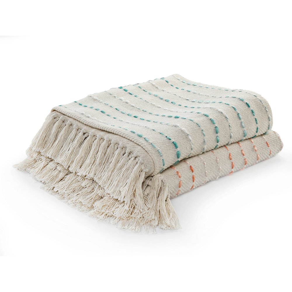 Cream/Turquoise Striped Hand-Woven Cotton Blend Throw Blanket. Picture 6